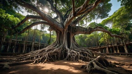 Obraz premium A child playing around the roots of a majestic banyan tree in a tropical paradise.