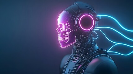 Fototapeta premium A sleek cybernetic figure with an iridescent skull and glowing neon pathways in magenta and blue set against a dark background with ultra detailed cinematic lighting