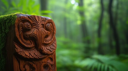 Carved Owl Totem in Misty Forest