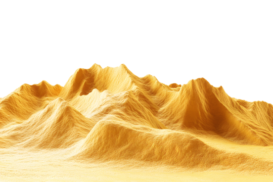 Pile dry golden sand beach heaps isolated on cut out PNG or transparent background. Or Pile of gold sequin bits on white background. Heap of golden glitters dust.