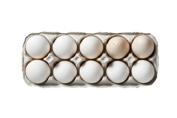 Top view of Eggs in brown cardboard box isolated on cut out PNG or transparent background. Fresh organic chicken eggs in pack or egg container. Packaging products for sale in supermarkets.