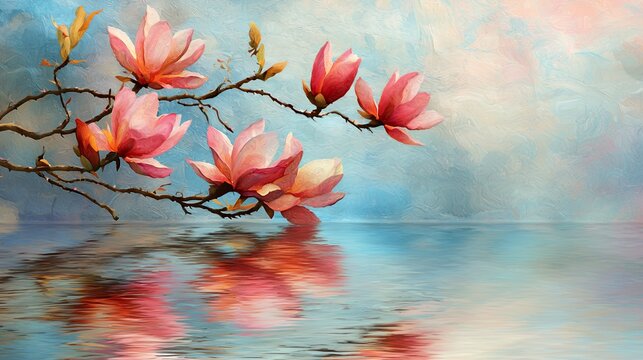 Pink Magnolia Blossoms Reflected in Calm Water