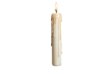A single white candle with a flickering flame and melting wax, creating a warm, inviting glow, Transparent background.