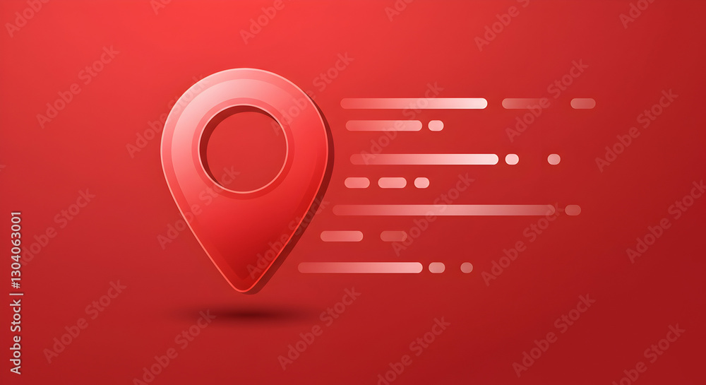 Poster location pin moving quickly on red background for navigation apps
