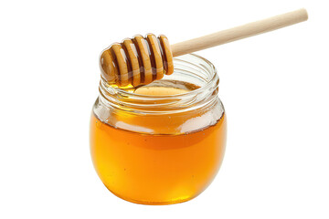 A glass jar filled with golden honey and a wooden dipper resting atop, Transparent background.