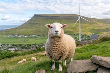Fototapeta premium A single wind turbine standing tall in a green field, with sheep grazing below