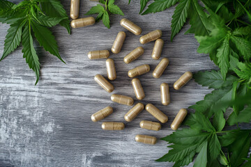 Oil capsules scattered on wooden surface with cannabis leaves on gray wooden background. copy space for text Natural, organic wellness benefits of hemp-derived supplements. cbd oil, holistic medicine.
