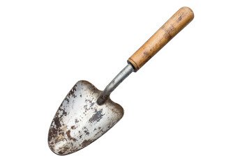 A metal garden trowel with a wooden handle, featuring signs of wear and rust, ideal for planting and digging in gardens, Transparent background.