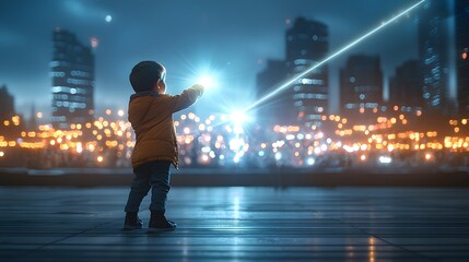 Obraz premium A young superhero standing bravely against a colossal robot invading a futuristic metropolitan cityscape beams of energy radiating through the night sky as the battle rages on