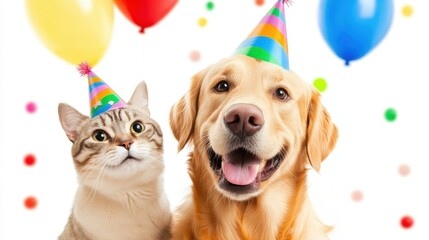 A beaming Golden Retriever and an adorable cat sporting a birthday hat, surrounded by floating balloons and birthday decorations galore. It's a birthday bash for the two animals.