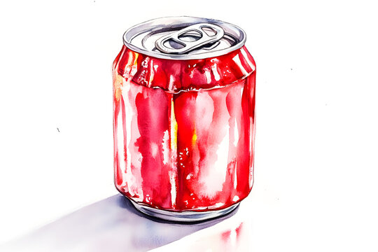 Watercolor painting of aluminum red soda can on white background.  Copy space. High resolution photo Realistic bottle drink clipart template pattern. Mockup for artwork graphic design.