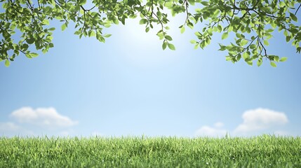 Obraz premium Bright Sunlight Through Green Tree Branches Over Lush Grassy Field and Blue Sky