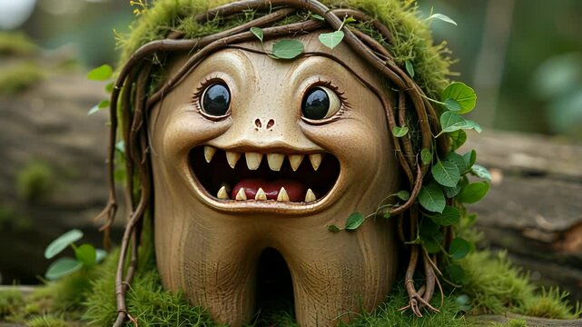  Playful garden gnome tooth with a mossy hat and lively expression nestled in a natural setting