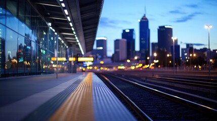 Evening train station platform, city skyline
