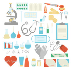 Healthcare set. Medical equipment to use at home. Medicines to treat diseases. Flat vector design illustration