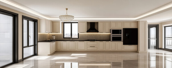 Modern beige kitchen with elegant cabinets, marble floor, and stylish lighting. spacious layout features high end appliances and large windows for natural light