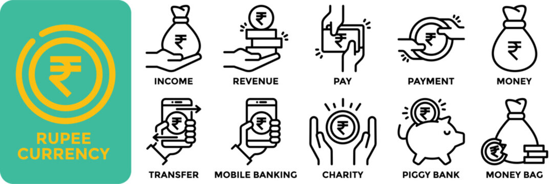 Rupee currency icon collection set.Containing income, revenue, pay, payment, money, transfer, mobile banking, charity, piggy bank and money bag icon.Simple line vector illustration.