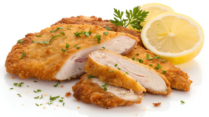 Golden, crispy sliced chicken schnitzel with tender, juicy meat inside, perfectly fried and isolated on a white background.