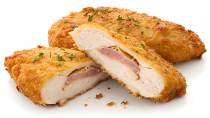 Golden, crispy sliced chicken schnitzel with tender, juicy meat inside, perfectly fried and isolated on a white background.