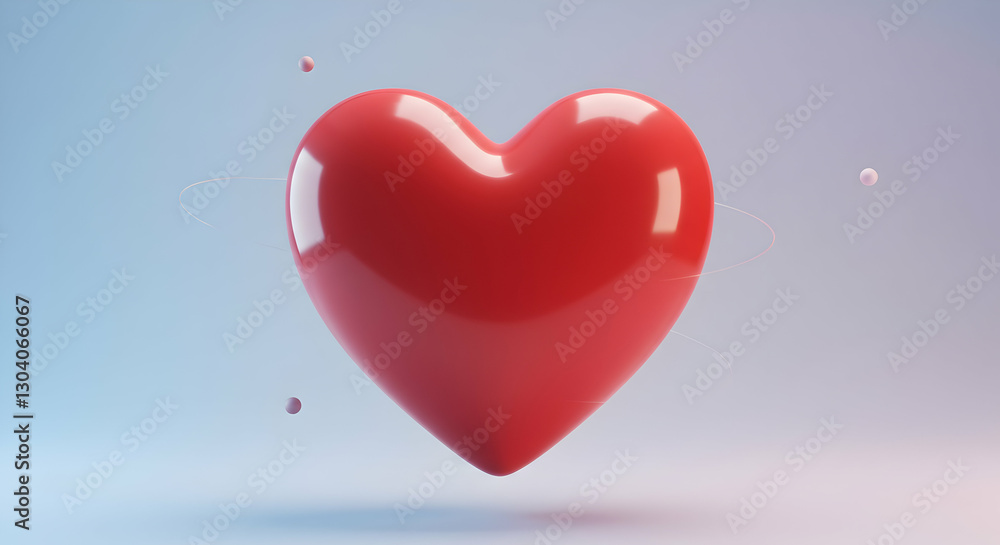 Poster floating red heart with small spheres on a light gradient background