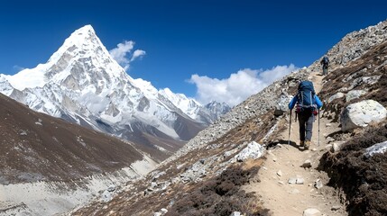 Fototapeta premium Conquering the Summit A Hiker s Journey Through a Majestic Mountain Landscape Capturing the Essence of Adventure Perseverance and the Allure of Exploring Remote and Serene Environments