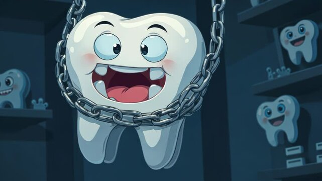  Tooth character with chains and a cheerful grin in a dental clinic