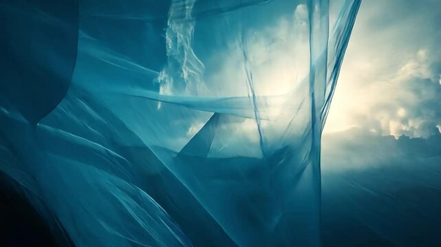 Dancing Fabric in the Wind: A billowing sheet of translucent blue fabric dances gracefully in the wind, set against a dramatic, sunlit sky, evoking a sense of freedom and ethereal beauty. 
