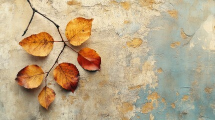 Autumn leaves on textured wall; fall background