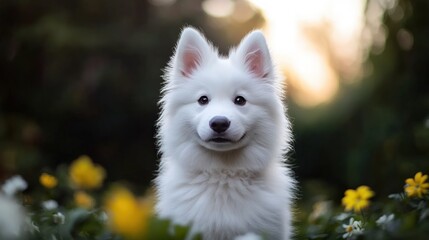Naklejka premium Smiling White Puppy in a Garden at Sunset