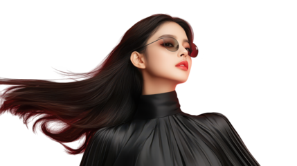 Striking portrait, woman with long, flowing hair and bold red lipstick 