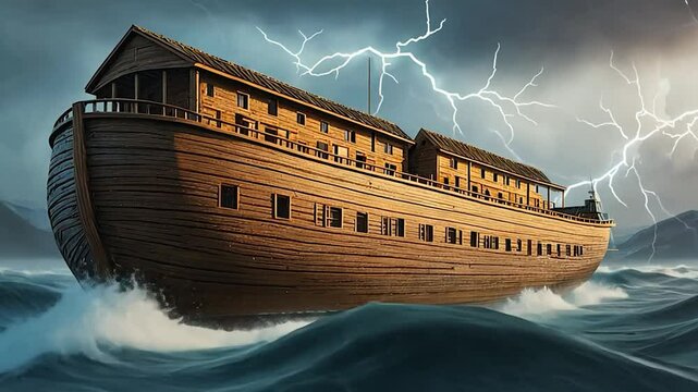 Noah's Ark in Stormy Waters with Lightning