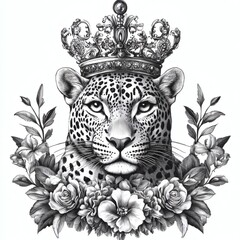Fototapeta premium Tiger with crown and floral wreath in engraving or woodcut style