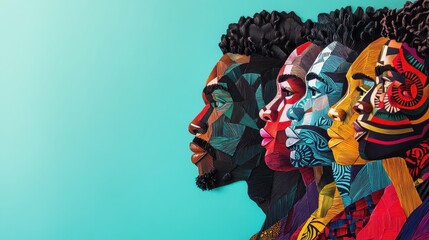 Abstract paper-cut portrait of diverse African faces  

