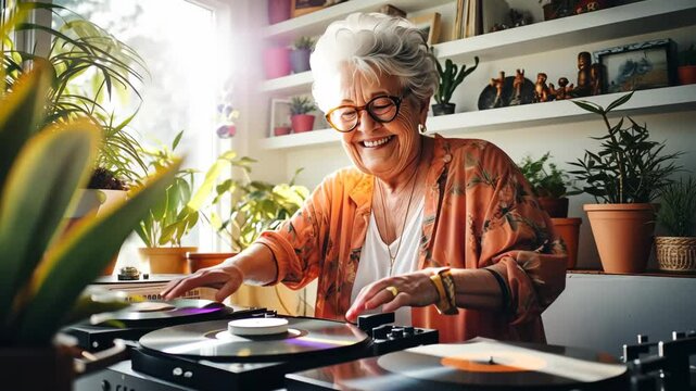 vintage chic, is the queen of her botanical realm, orchestrating a harmony that blooms from her treasured vinyl garden, moving of hands