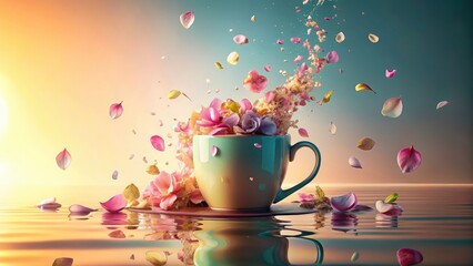 Self-Stirring Mug, Floating Petals, 3D Objects, Pastel Photography