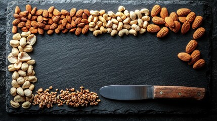 Gourmet Snack Layout with Nuts and Cheese on Slate Board