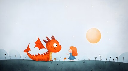 Enchanting storybook style depicting a young girl befriending and bonding with a mythical dragon creature in a peaceful  moonlit meadow setting filled with nature and wonder