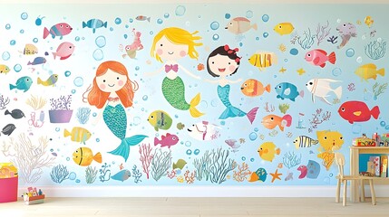 Explore the whimsical and dreamy underwater world filled with playful mermaids  vibrant coral reefs  and a variety of captivating marine creatures
