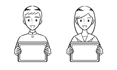 タブレットを手に持つ男子学生・女子学生セット（線画）