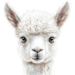 Obraz premium Adorable white llama with distinct brown nose and brown eyes posing against white background
