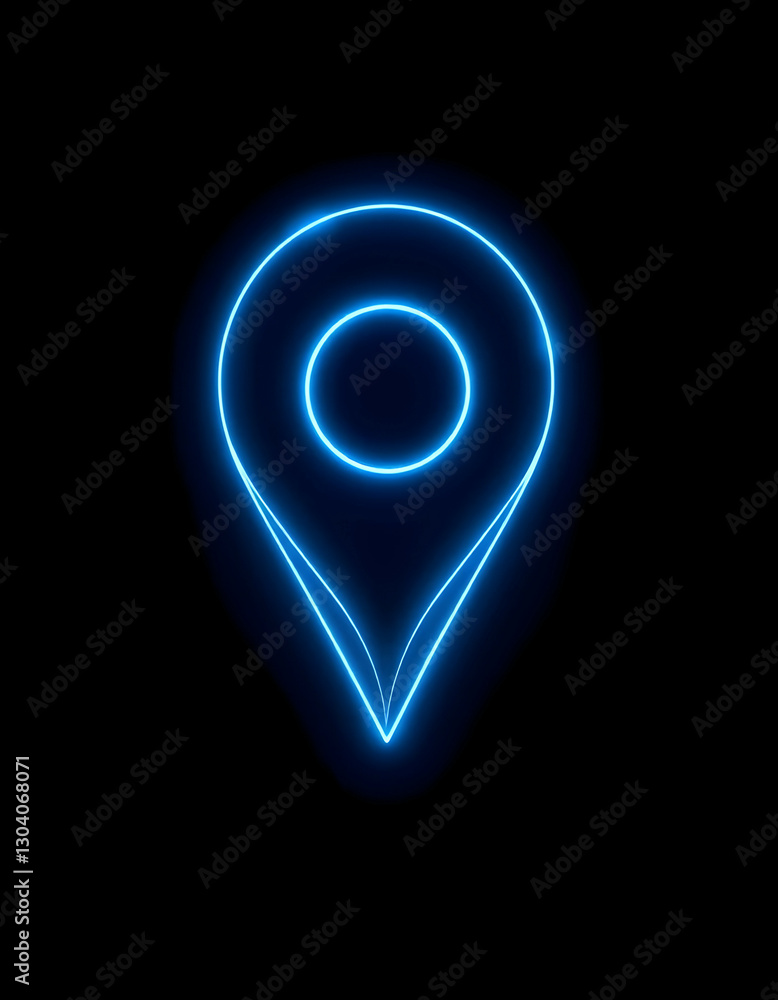 Poster glowing blue location pointer on black background for navigation