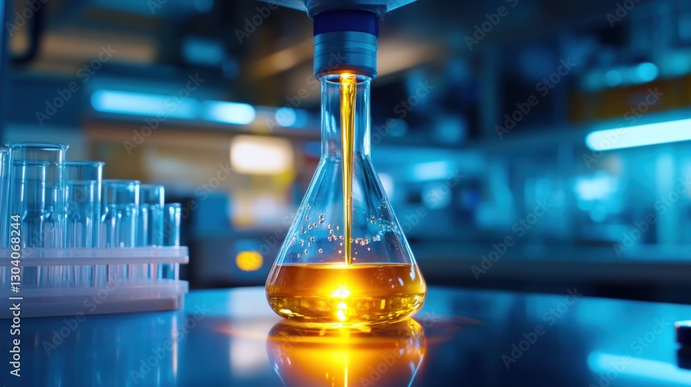 Poster lab flask filling with liquid in a modern science lab