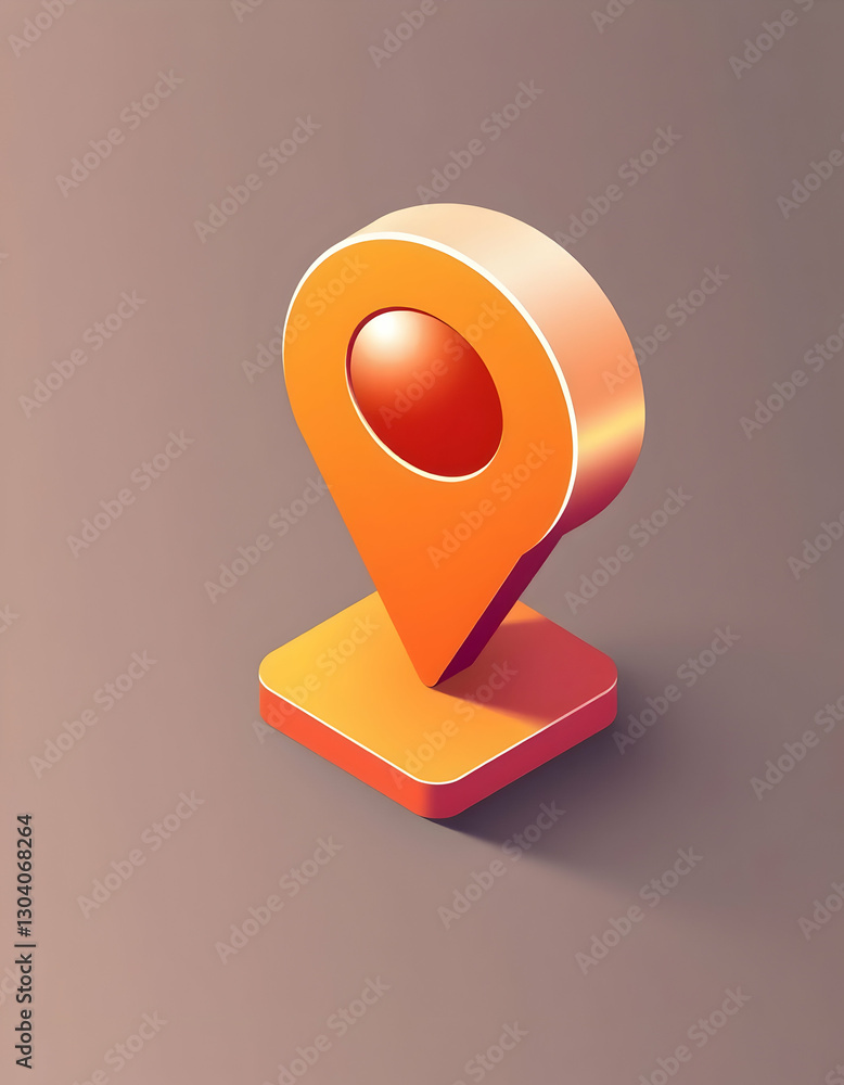 Poster isometric location pin icon orange color for map and navigation