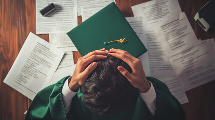 A college graduate overwhelmed by loan papers, using their diploma to fend off ‘Debt Collector’ calls.