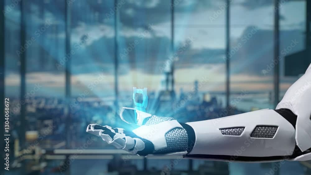 Poster a futuristic robot hand reaches out in a modern office space, showcasing an ai chatbot interface. th