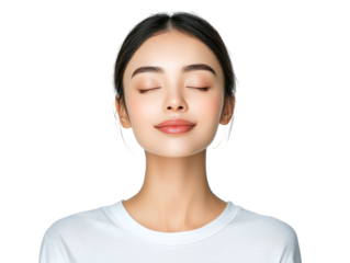 Serene woman in white, a portrait of tranquility and inner peace. contemplative capturing the serenity of with closed eyes in soft lighting. ideal for wellness, mindfulness or relaxation themes.