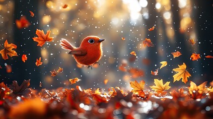 Autumn bird flying amidst falling leaves