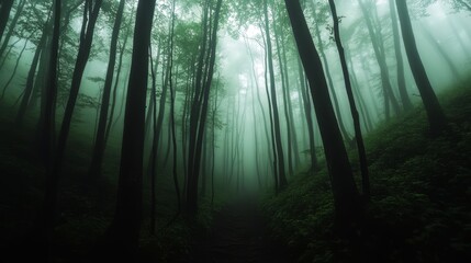 Obraz premium forest view inside a dark fog. mystical forest