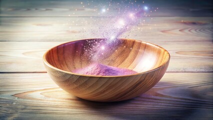 Slow Feeder Bowl, Glowing Particles, Pink Lavender, Wooden Texture, Angled Shot, Low Light Photography, Fresh Splash Effect