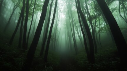 Naklejka premium forest view inside a dark fog. mystical forest